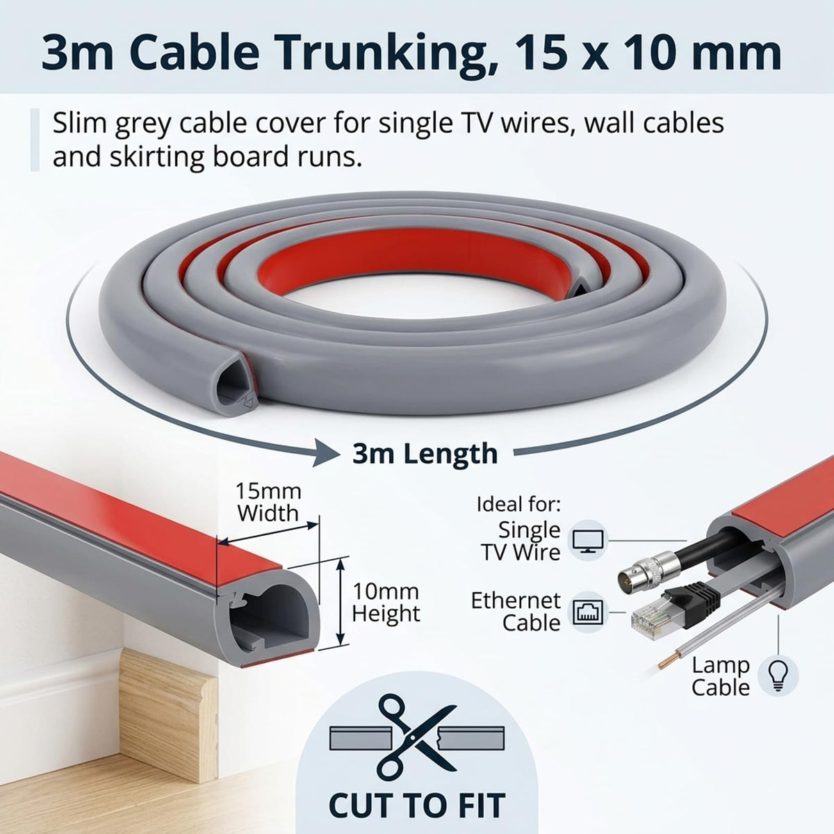 Cable Trunking Self-Adhesive for Electric Cables 15x10mm 3m (Grey)