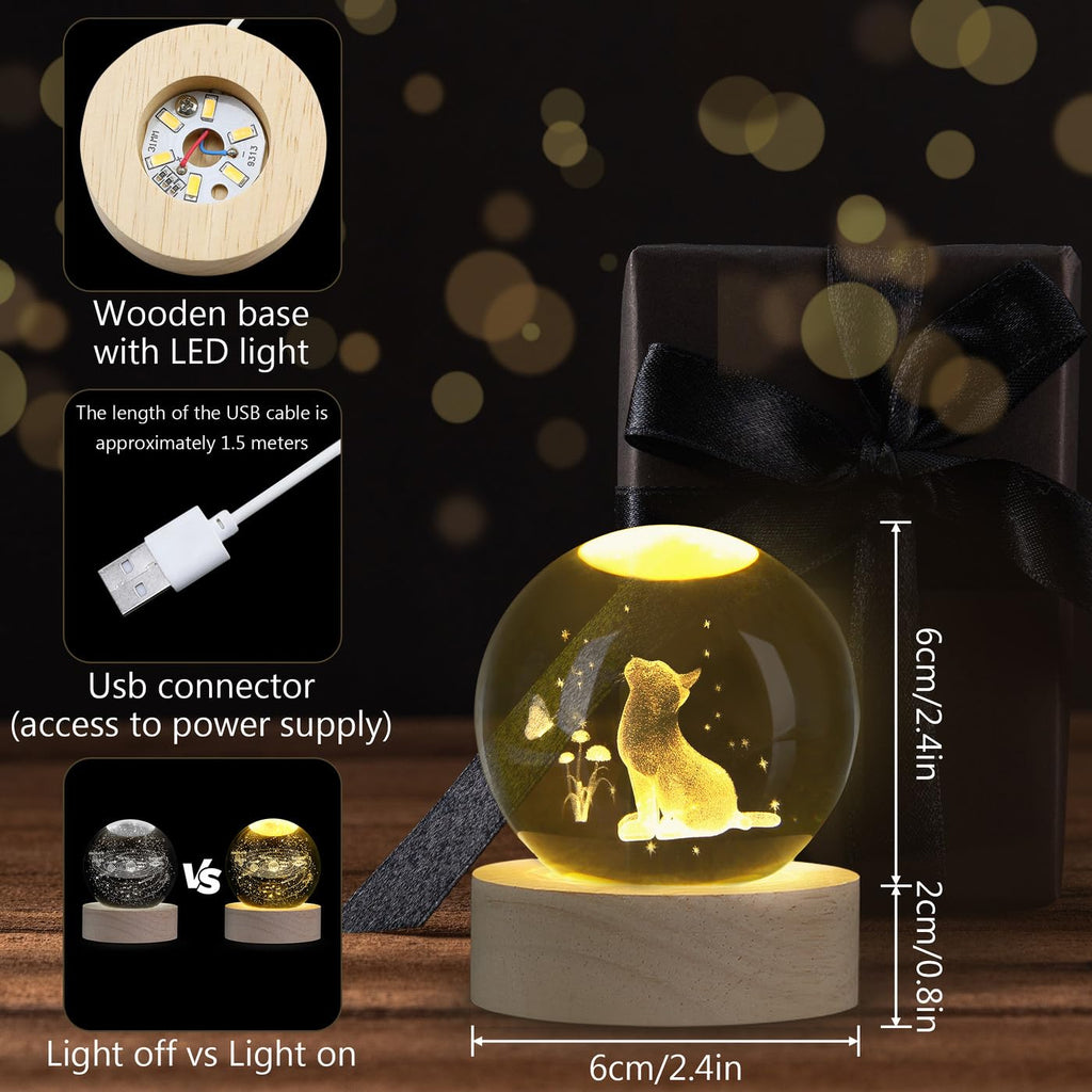 Cat Crystal Ball 60mm 3D Cat Ornament with Wooden Stand — Gift for Women
