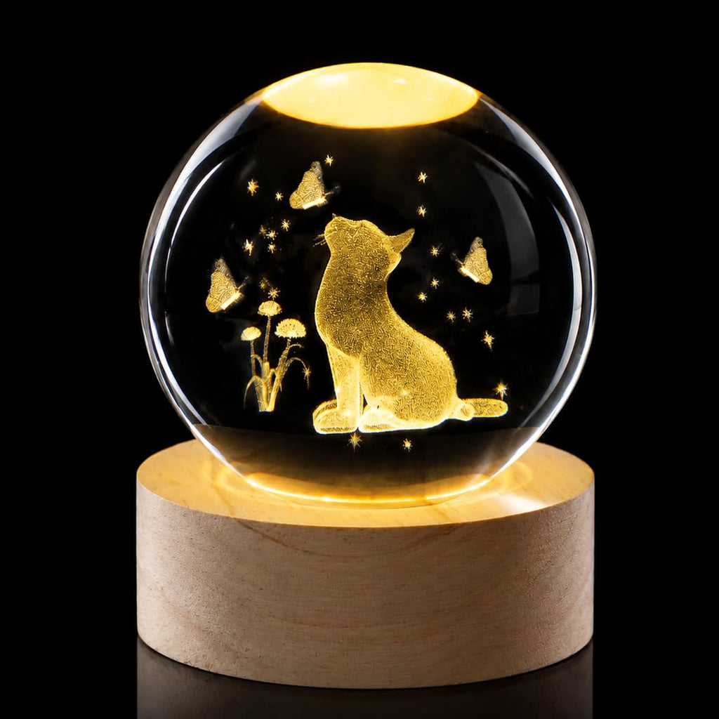 Cat Crystal Ball 60mm 3D Cat Ornament with Wooden Stand — Gift for Women