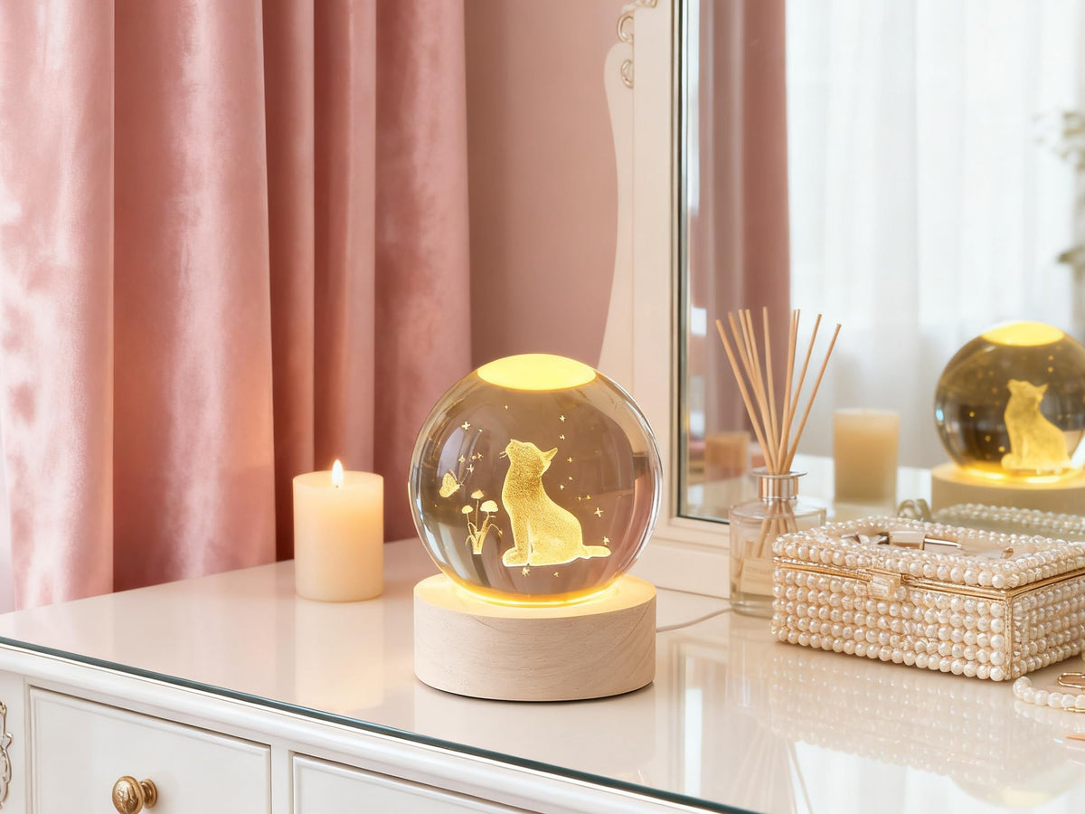 Cat Crystal Ball 60mm 3D Cat Ornament with Wooden Stand — Gift for Women