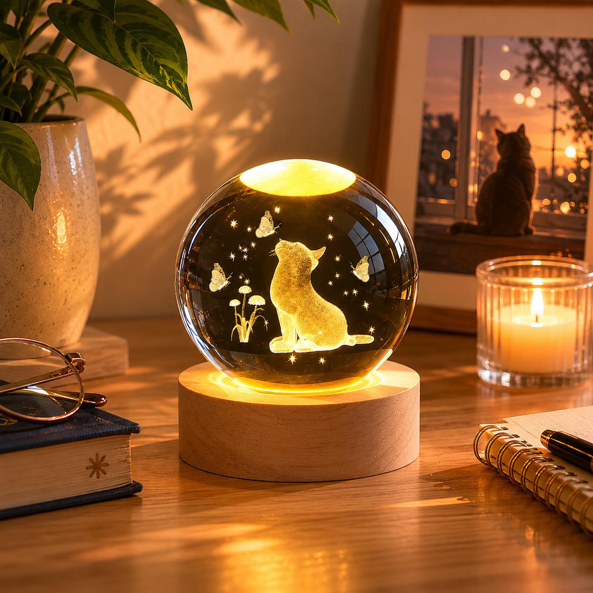 Cat Crystal Ball 60mm 3D Cat Ornament with Wooden Stand — Gift for Women