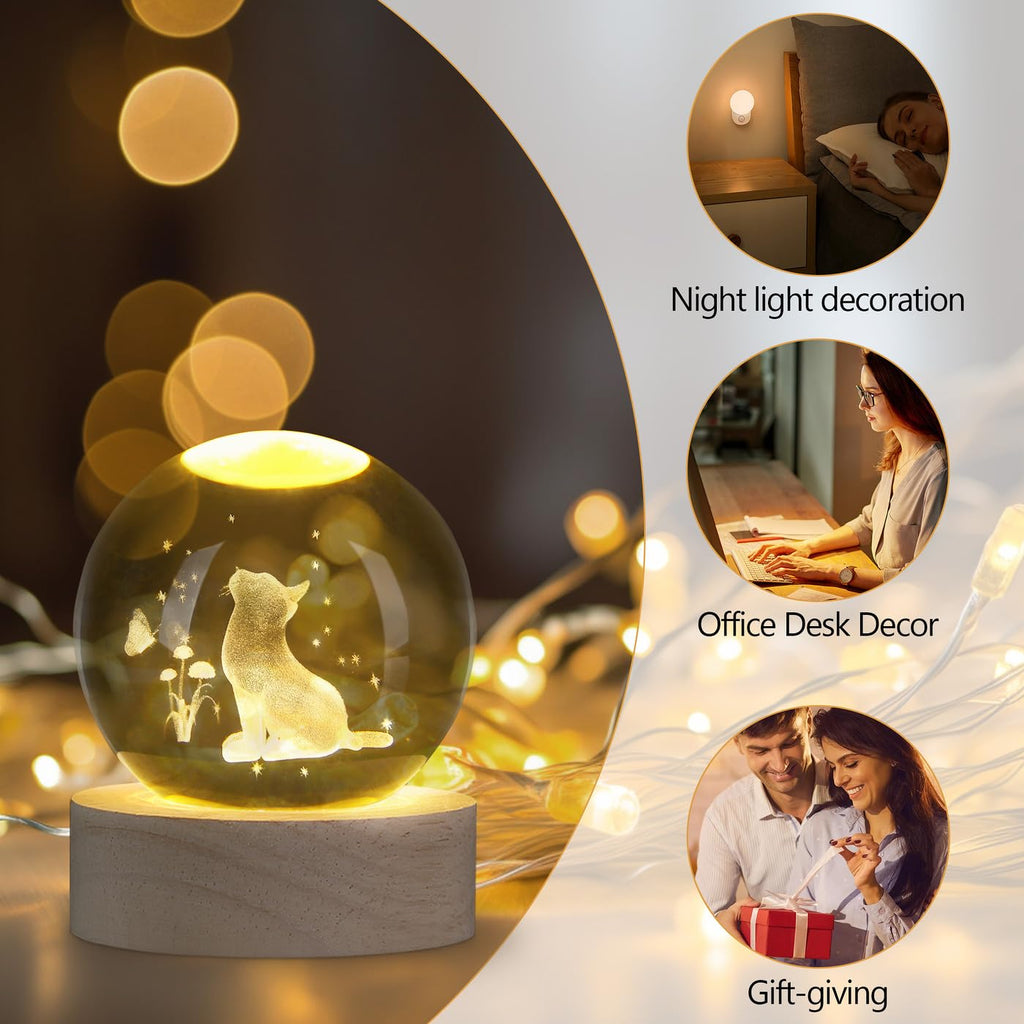 Cat Crystal Ball 60mm 3D Cat Ornament with Wooden Stand — Gift for Women