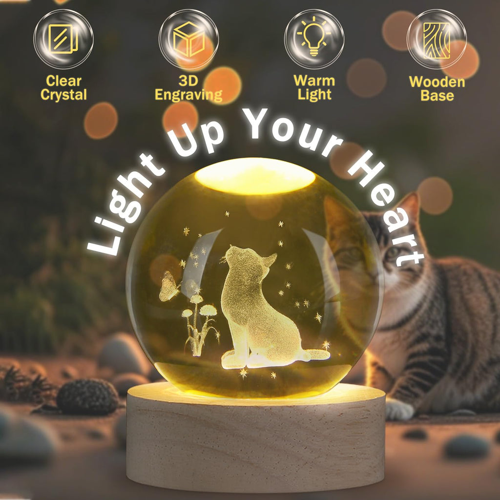 Cat Crystal Ball 60mm 3D Cat Ornament with Wooden Stand — Gift for Women