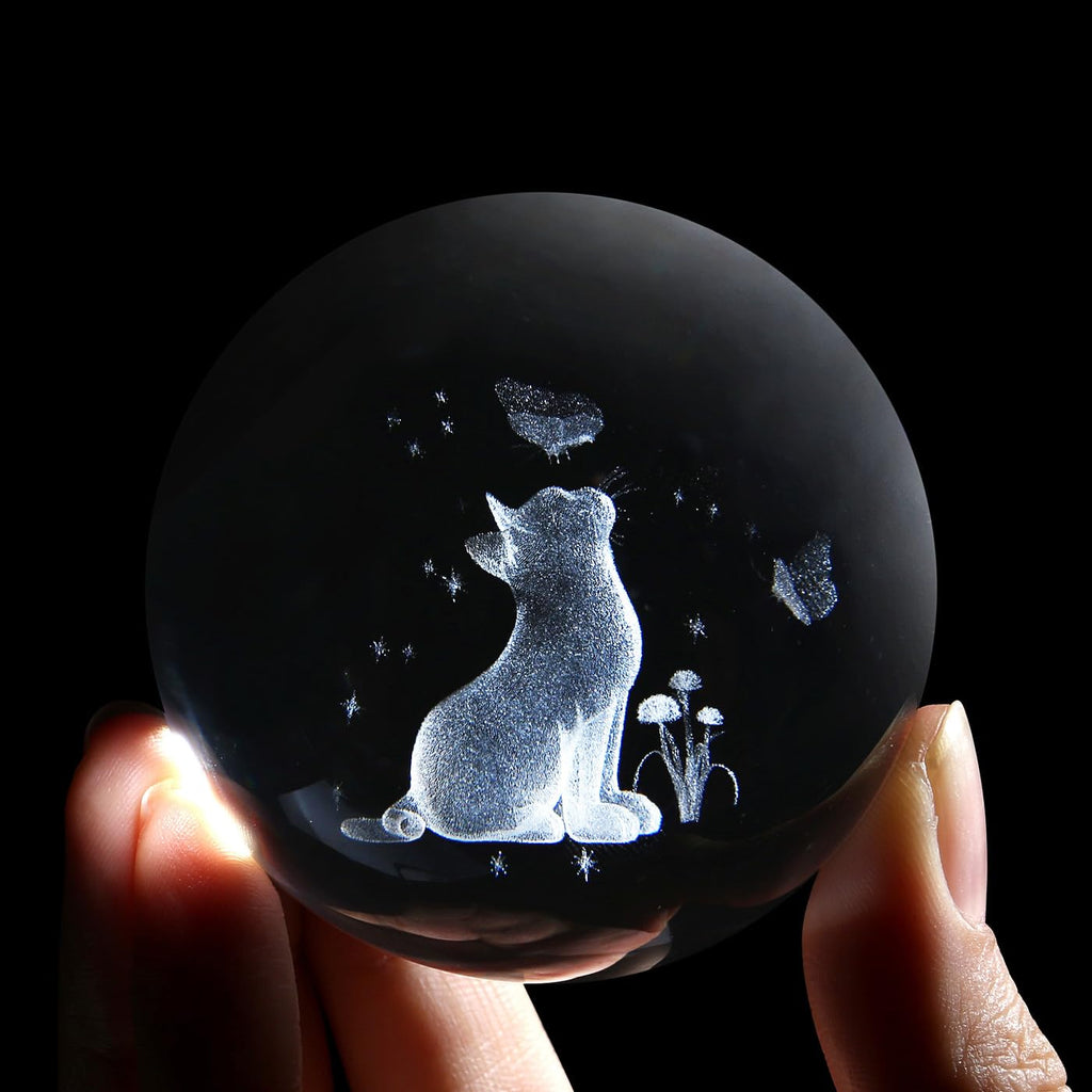Cat Crystal Ball 60mm 3D Cat Ornament with Wooden Stand — Gift for Women
