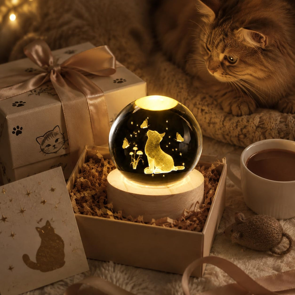 Cat Crystal Ball 60mm 3D Cat Ornament with Wooden Stand — Gift for Women
