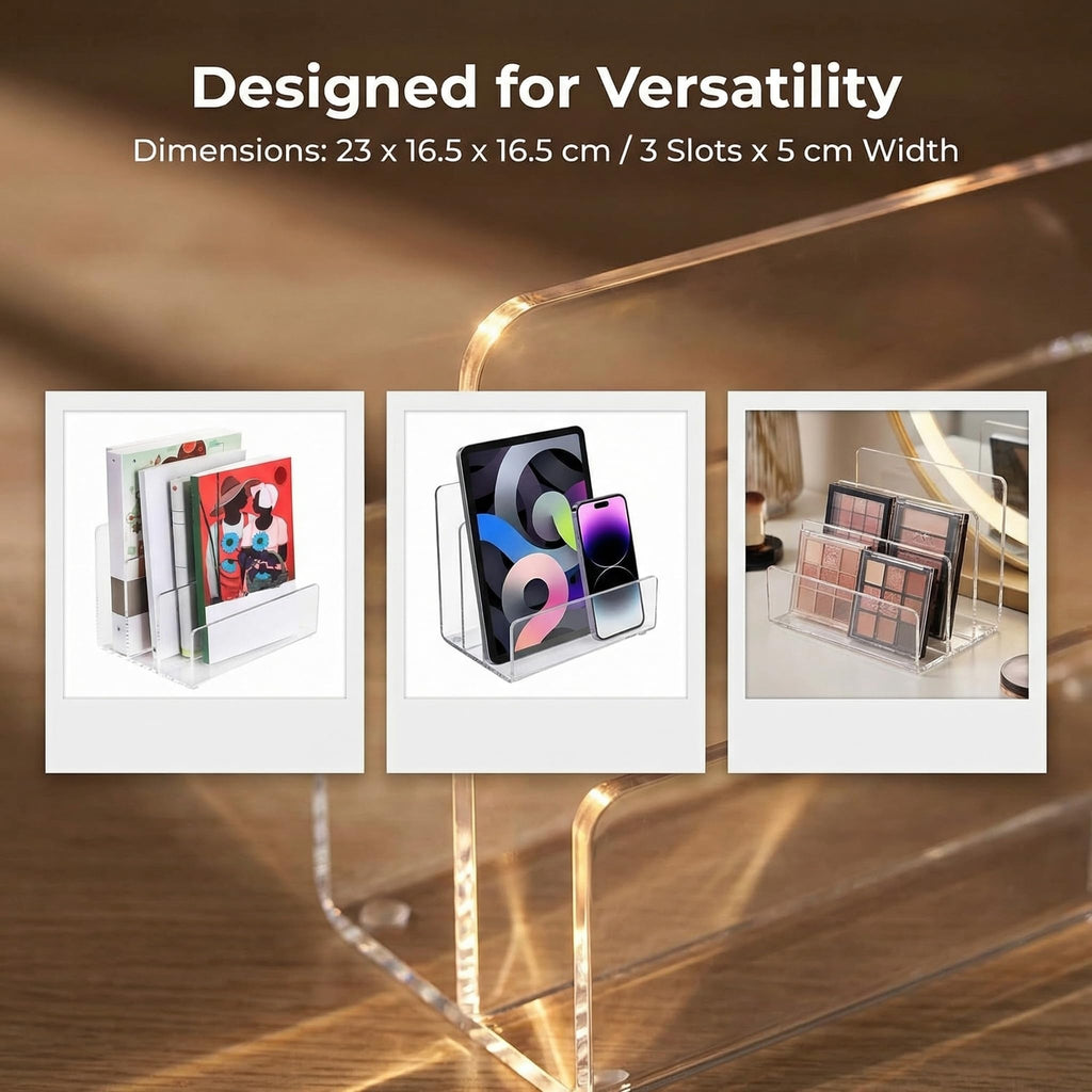Clear Acrylic 3-Section Vertical File Holder — 23 x 16.5 x 16.5 cm