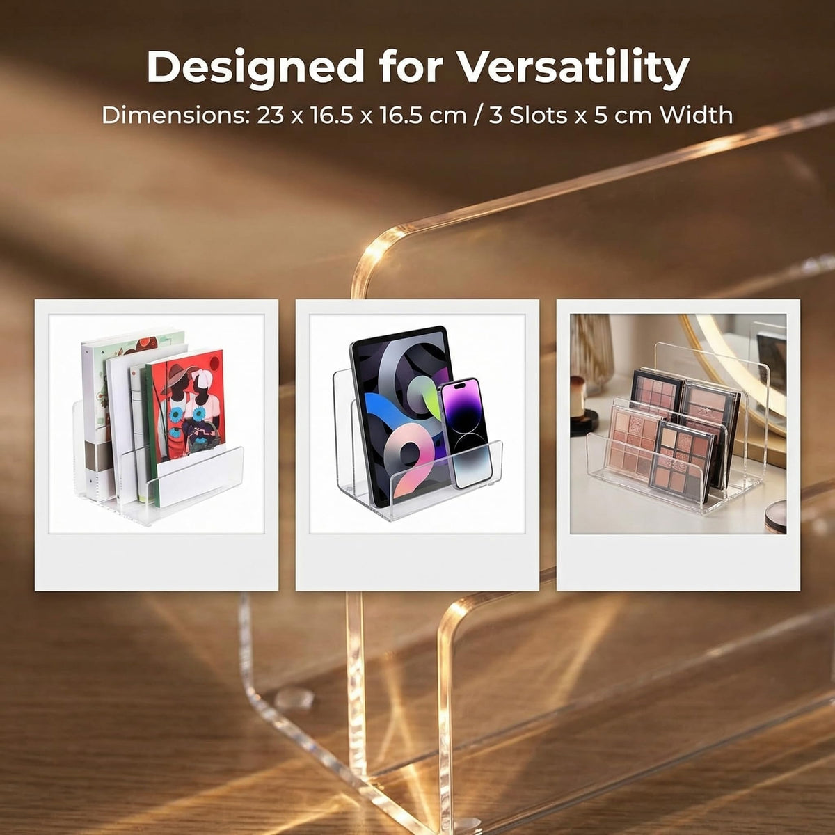 Clear Acrylic 3-Section Vertical File Holder — 23 x 16.5 x 16.5 cm