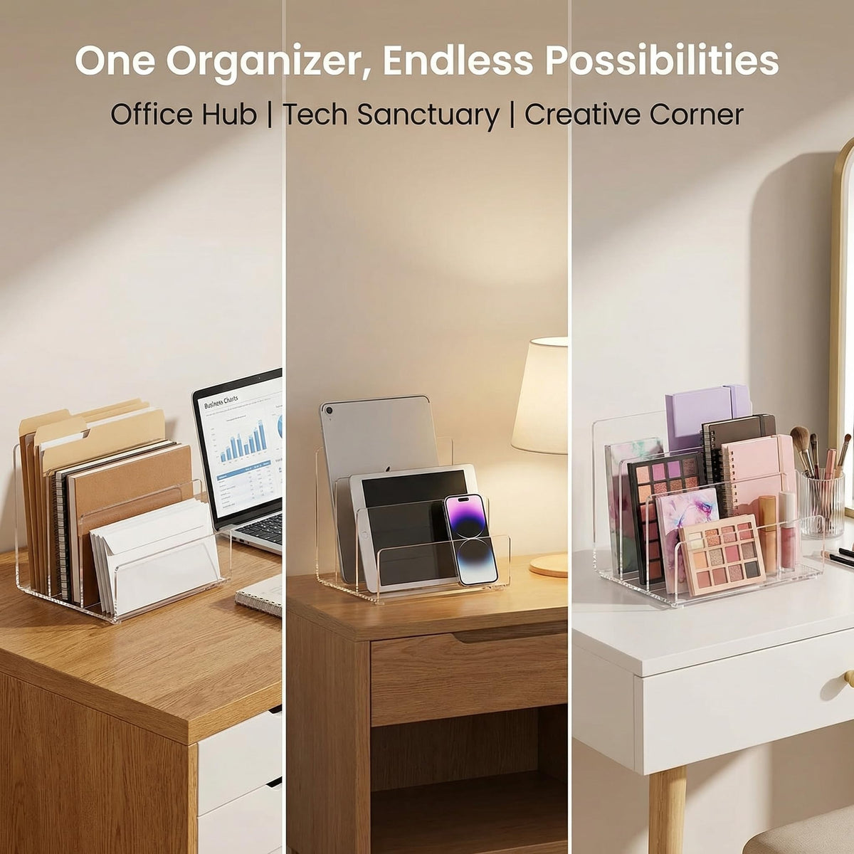 Clear Acrylic 3-Section Vertical File Holder — 23 x 16.5 x 16.5 cm