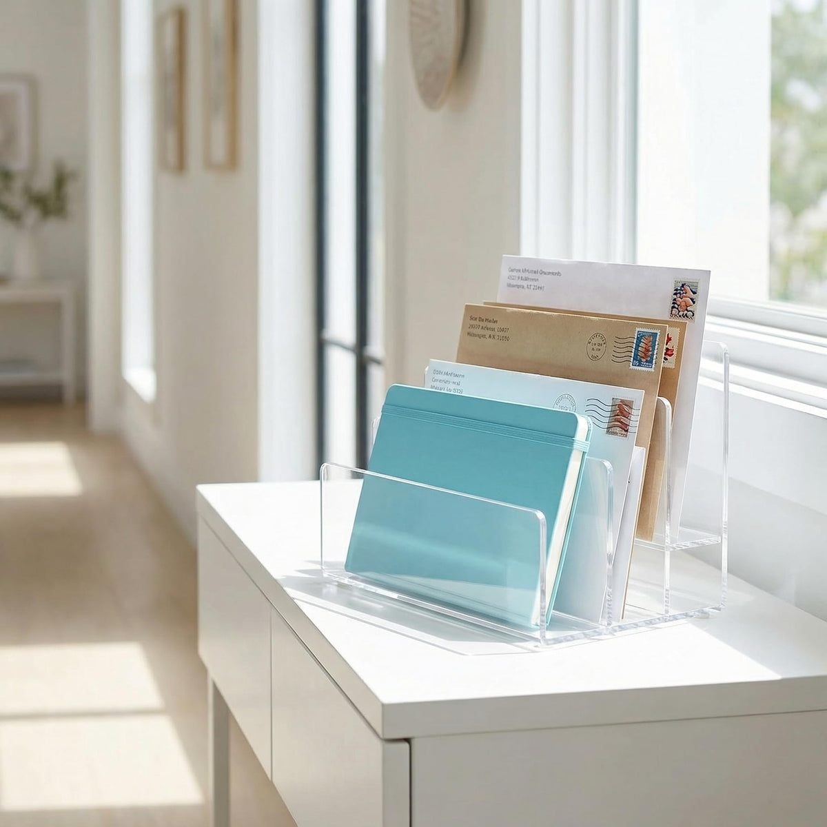 Clear Acrylic 3-Section Vertical File Holder — 23 x 16.5 x 16.5 cm