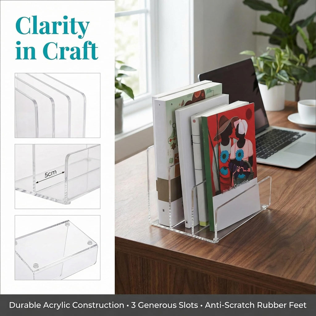 Clear Acrylic 3-Section Vertical File Holder — 23 x 16.5 x 16.5 cm