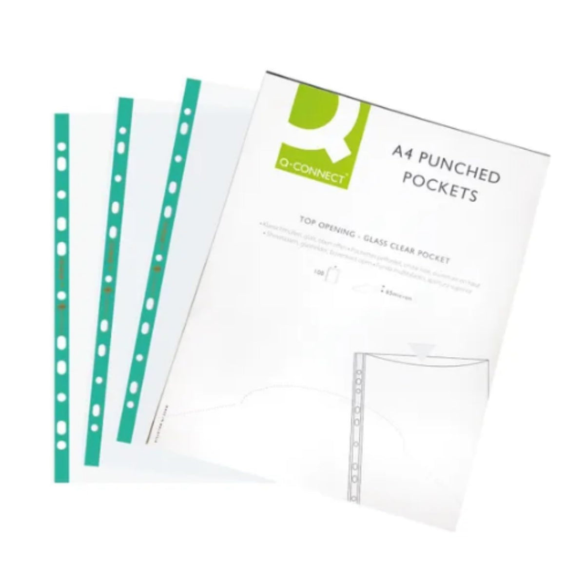 Delux Punched A4 Top-Opening Clear Pockets with Green Reinforced Strip (Pack of 100)