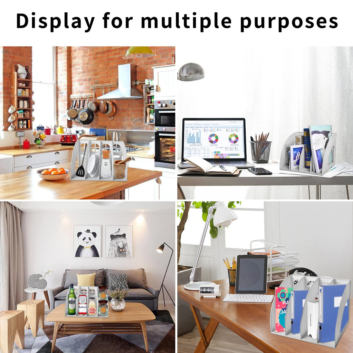 Desk File Organizer 4-Slot Plastic Magazine & Document Holder Light Gray