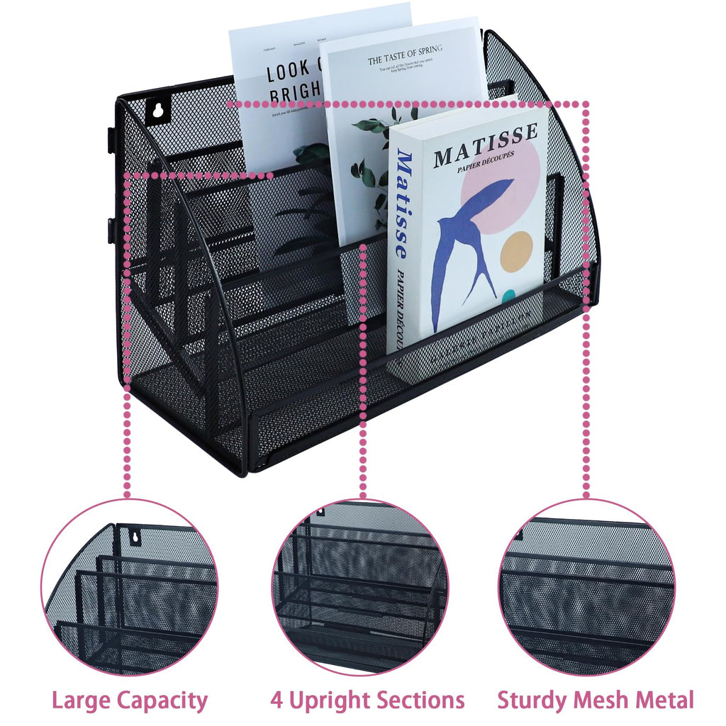 Desk File Organizer - Mesh Metal Magazine File Holder, 4-Section Black
