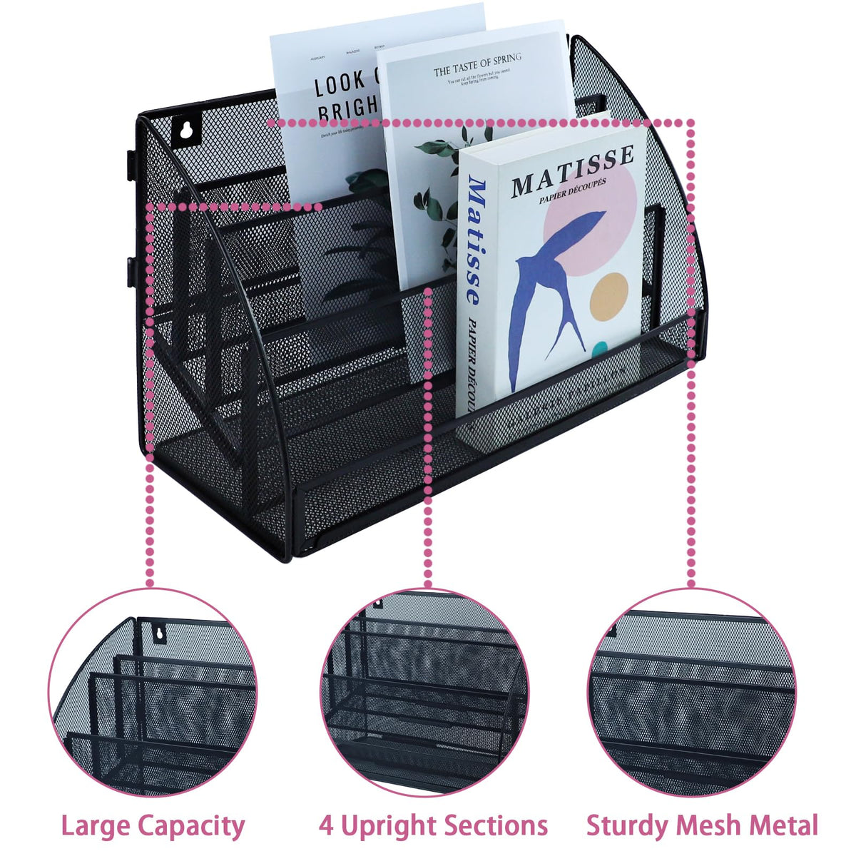 Desk File Organizer - Mesh Metal Magazine File Holder, 4-Section Black