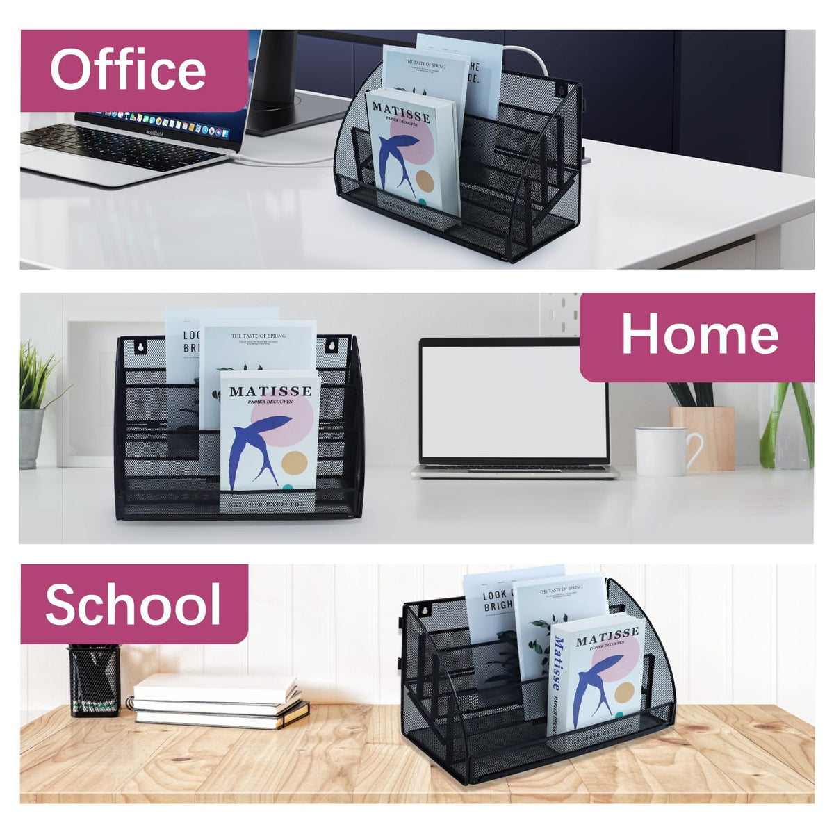 Desk File Organizer - Mesh Metal Magazine File Holder, 4-Section Black