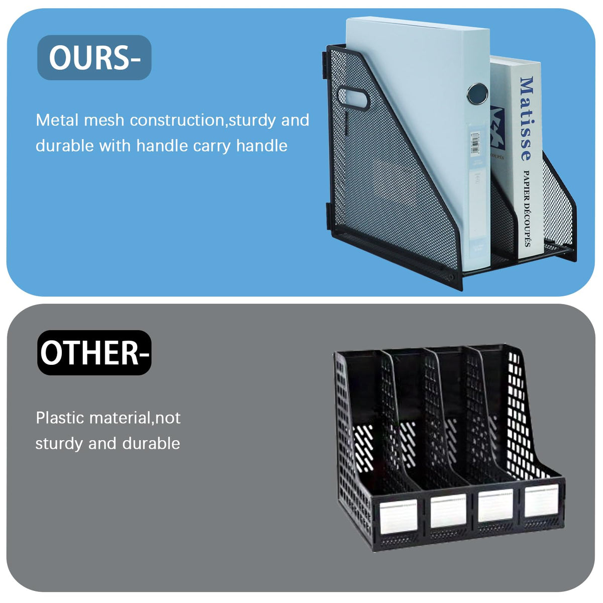 Desk Organizer Metal Magazine File Holder, 2 Vertical Compartments - Black