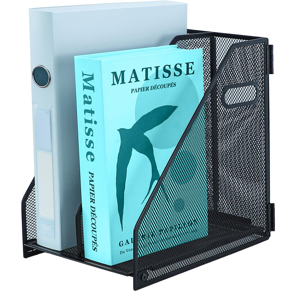 Desk Organizer Metal Magazine File Holder, 2 Vertical Compartments - Black