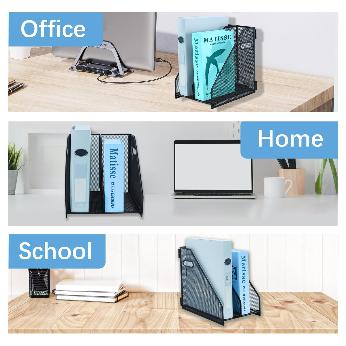 Desk Organizer Metal Magazine File Holder, 2 Vertical Compartments - Black