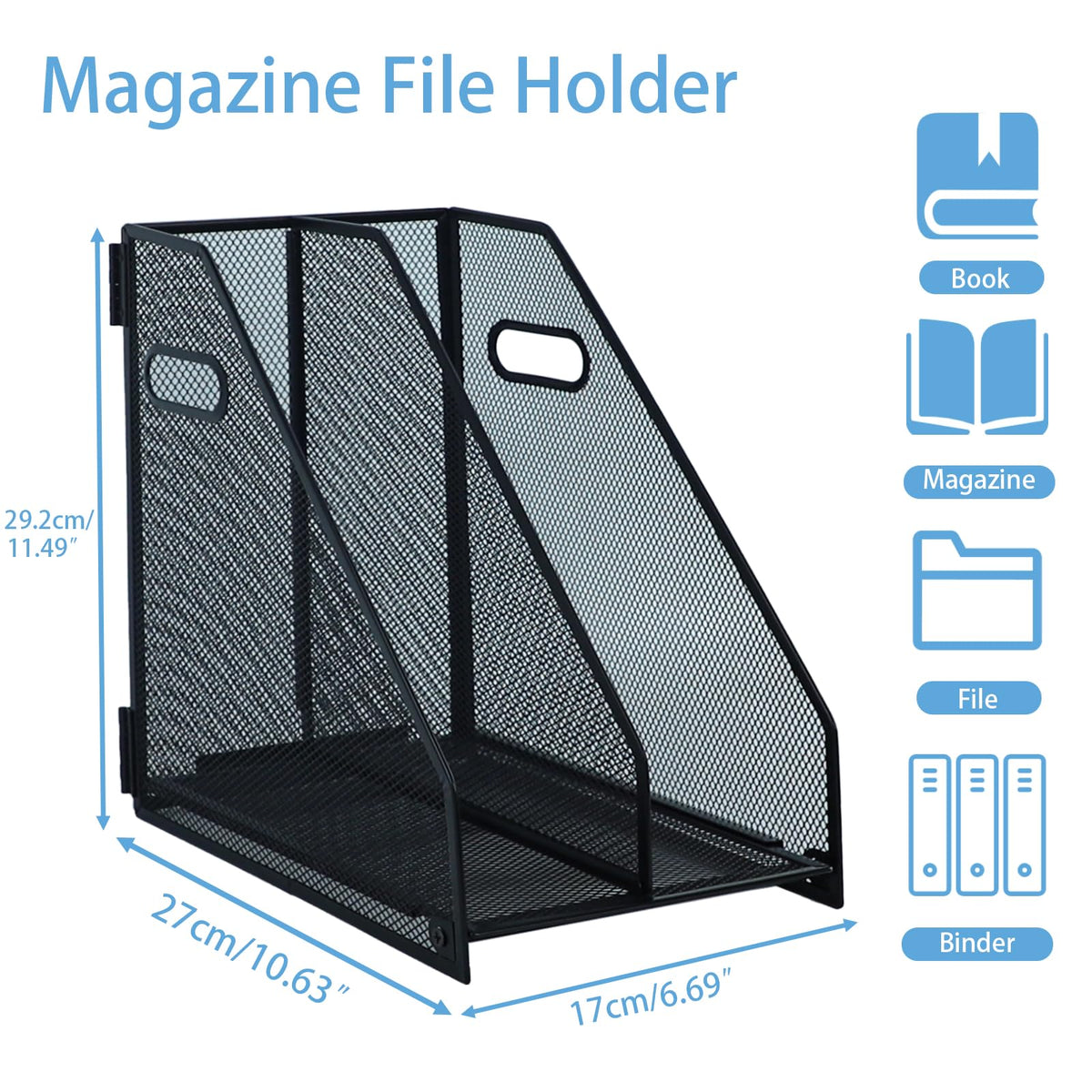 Desk Organizer Metal Magazine File Holder, 2 Vertical Compartments - Black