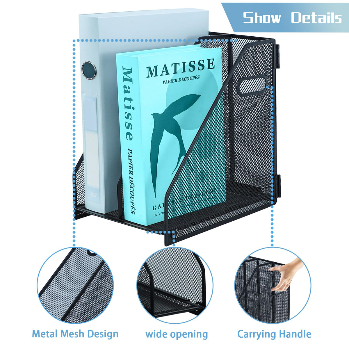 Desk Organizer Metal Magazine File Holder, 2 Vertical Compartments - Black