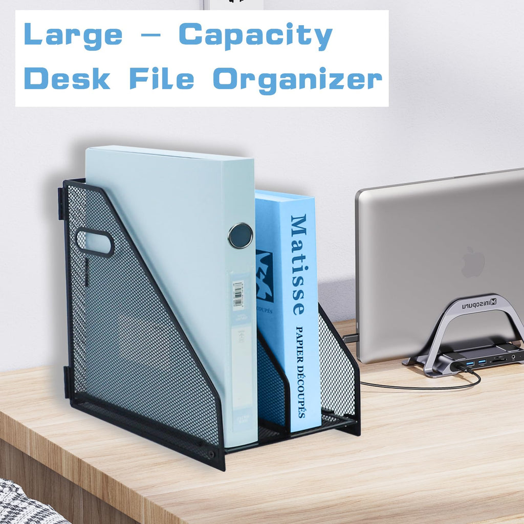 Desk Organizer Metal Magazine File Holder, 2 Vertical Compartments - Black