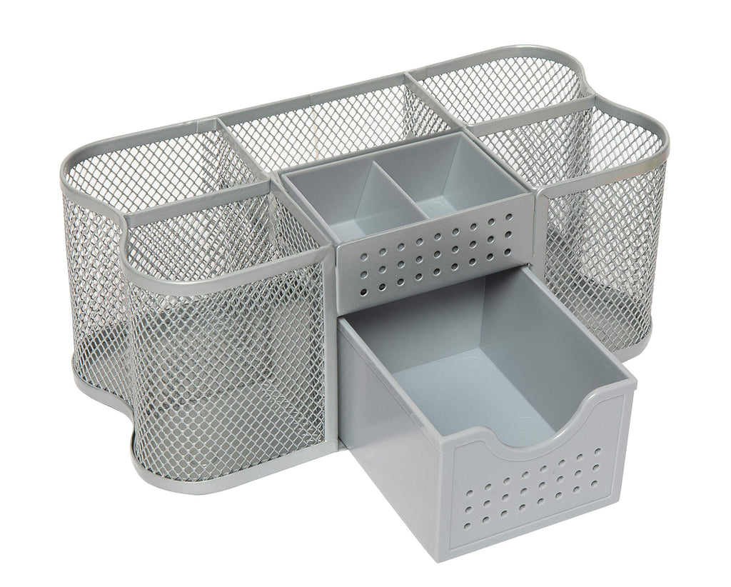 Desk Tidy Organizer Caddy — Mesh Pen & Stationery Holder, Silver