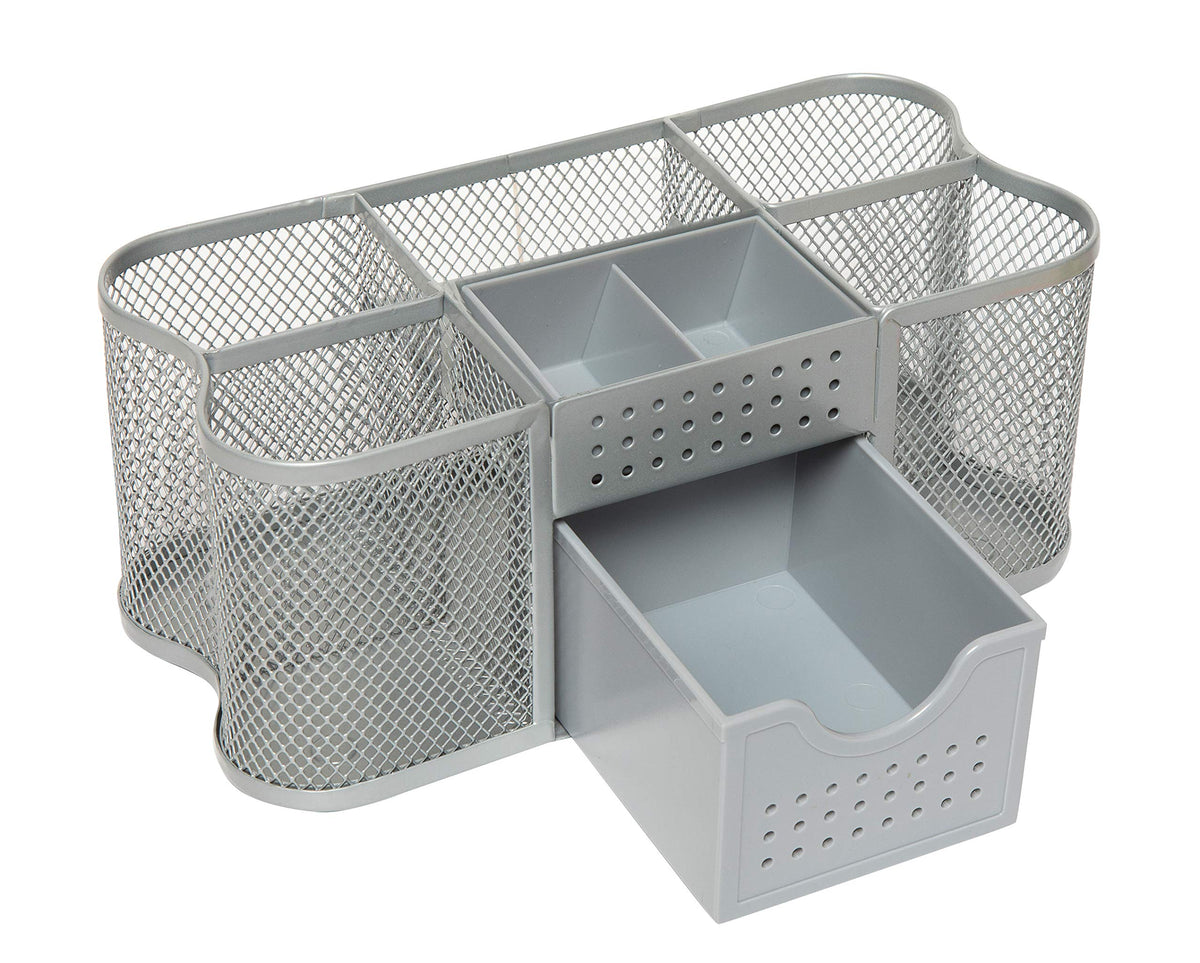 Desk Tidy Organizer Caddy — Mesh Pen & Stationery Holder, Silver