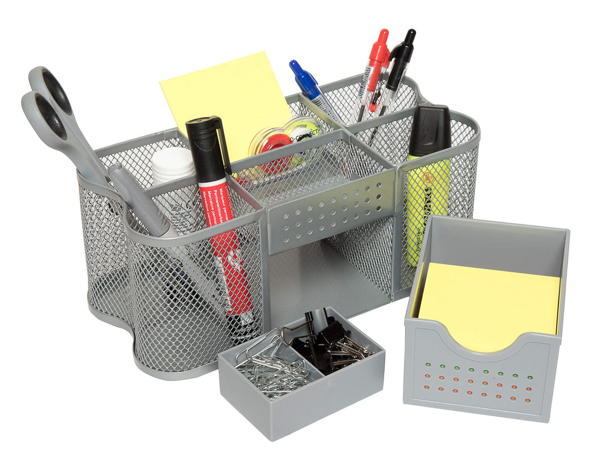 Desk Tidy Organizer Caddy — Mesh Pen & Stationery Holder, Silver