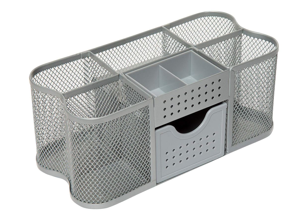Desk Tidy Organizer Caddy — Mesh Pen & Stationery Holder, Silver