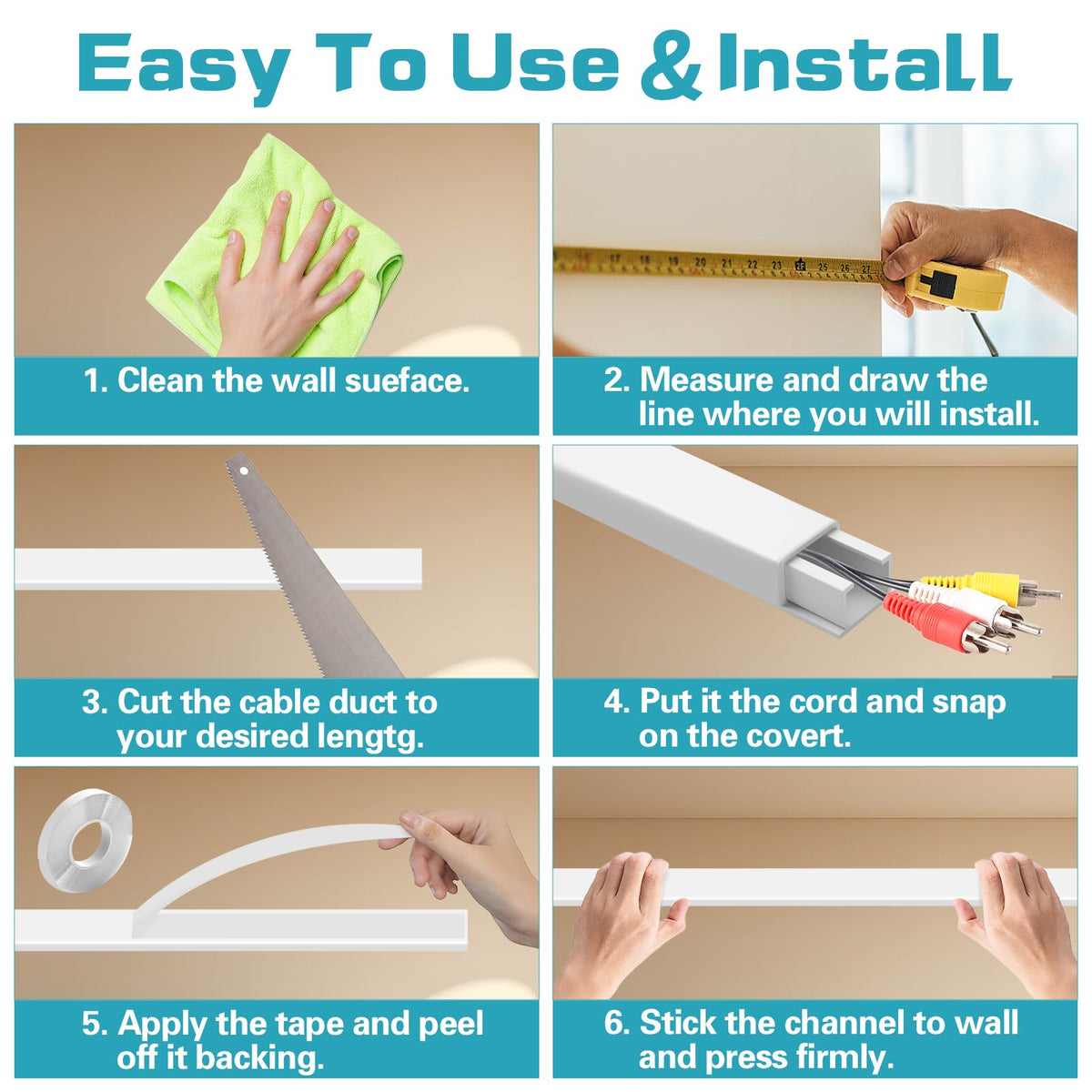 Electric Cable Trunking Kit 2.4m White Self-Adhesive Cable Duct 6 pcs