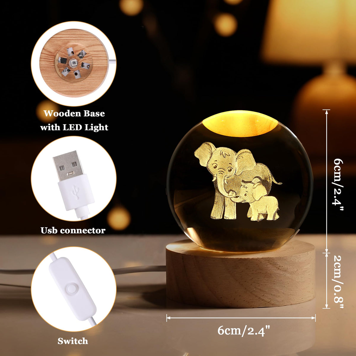 Elephant 3D Crystal Ball Ornament with 7-Color LED Wooden Base