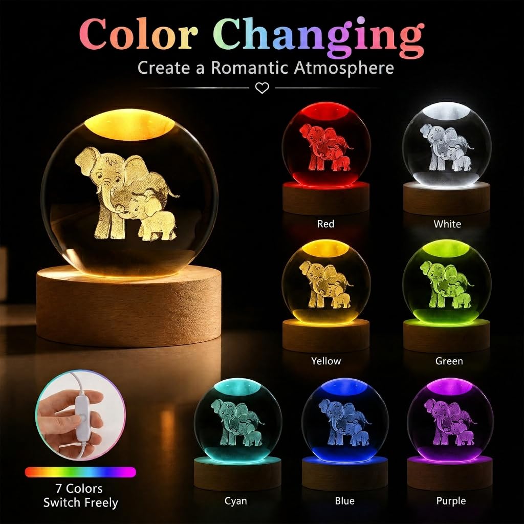 Elephant 3D Crystal Ball Ornament with 7-Color LED Wooden Base