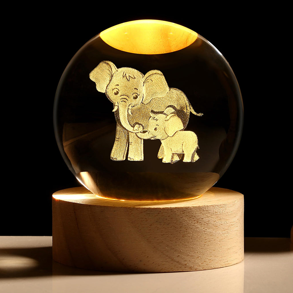 Elephant 3D Crystal Ball Ornament with 7-Color LED Wooden Base