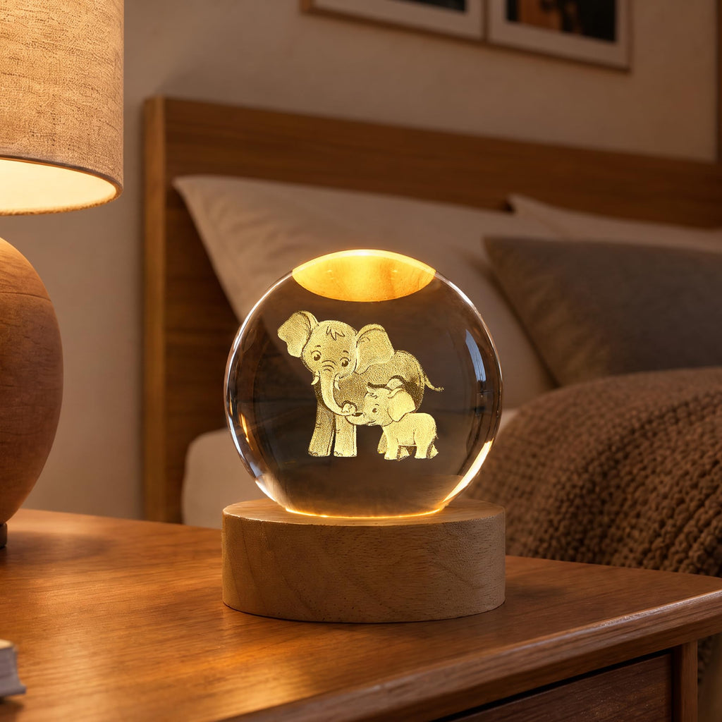 Elephant 3D Crystal Ball Ornament with 7-Color LED Wooden Base