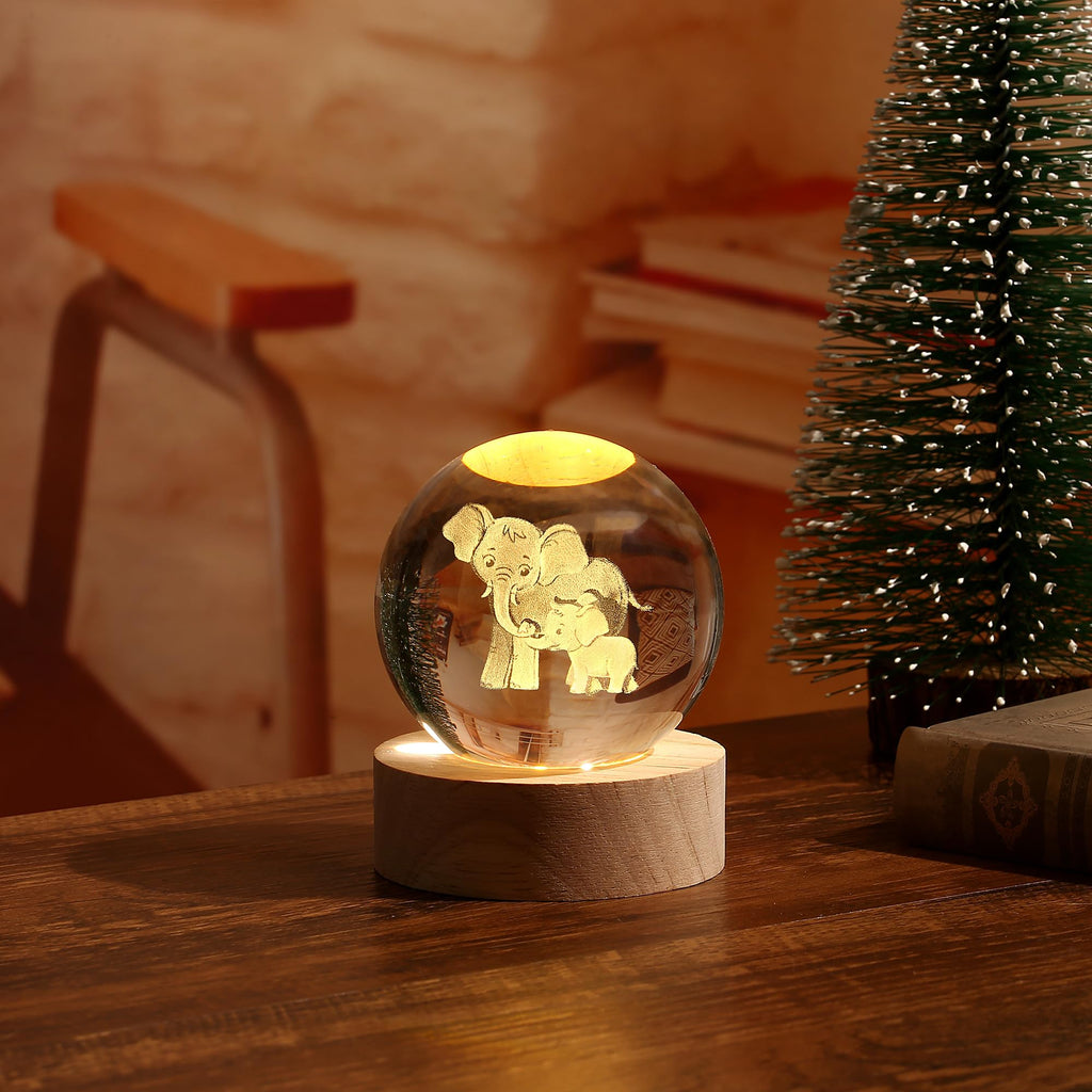 Elephant 3D Crystal Ball Ornament with 7-Color LED Wooden Base