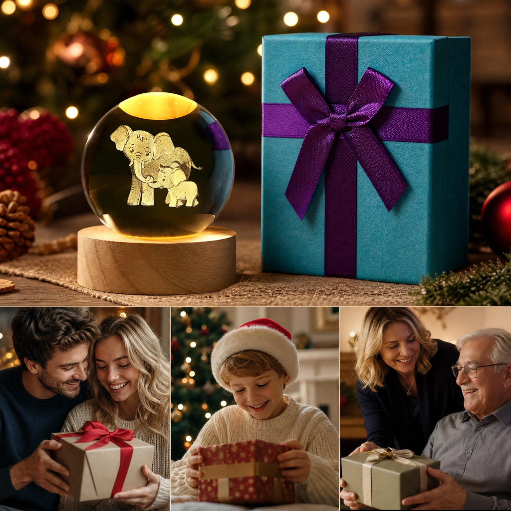 Elephant 3D Crystal Ball Ornament with 7-Color LED Wooden Base