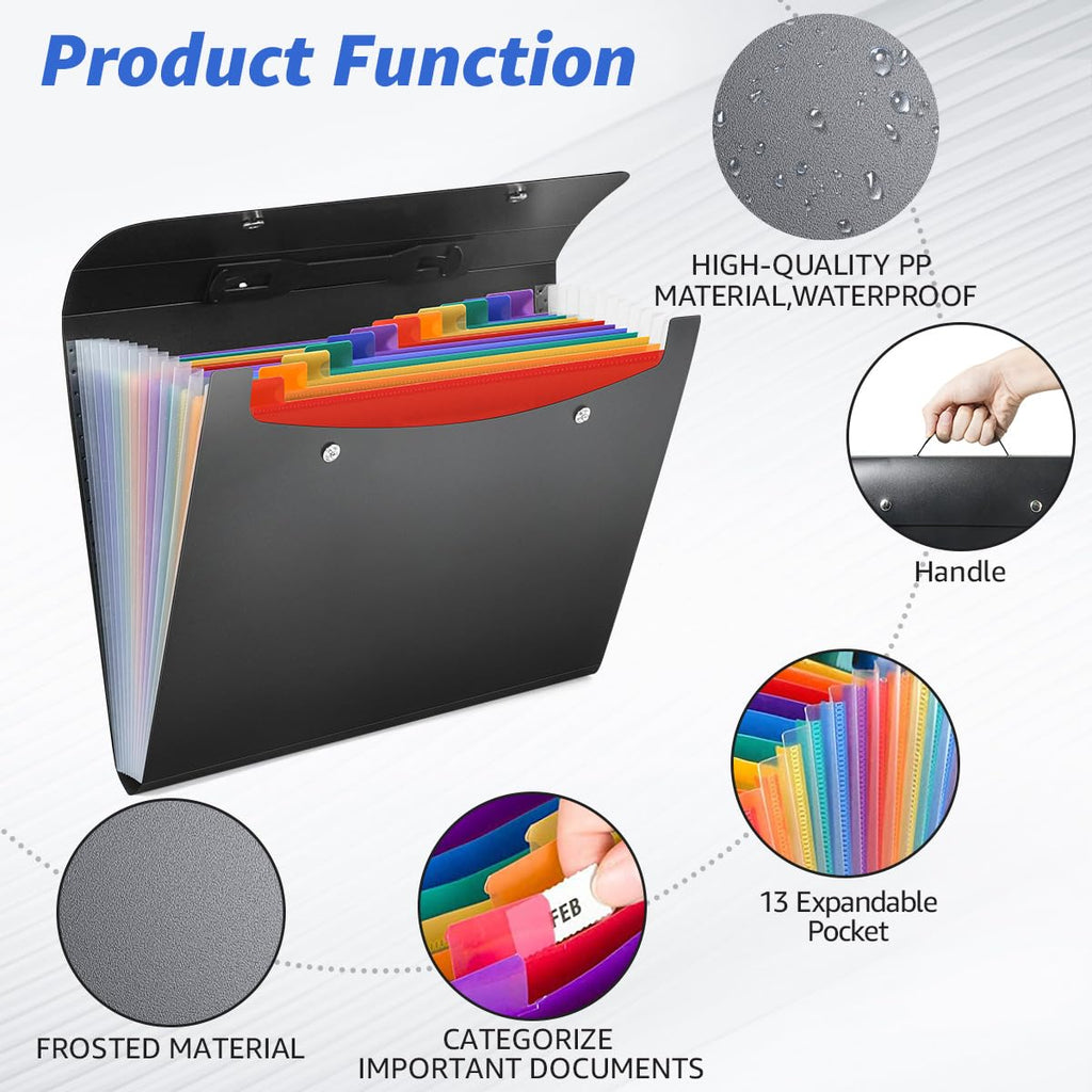 Expanding Accordion File Folder with Handle, 13-Pocket A4 Document Organizer