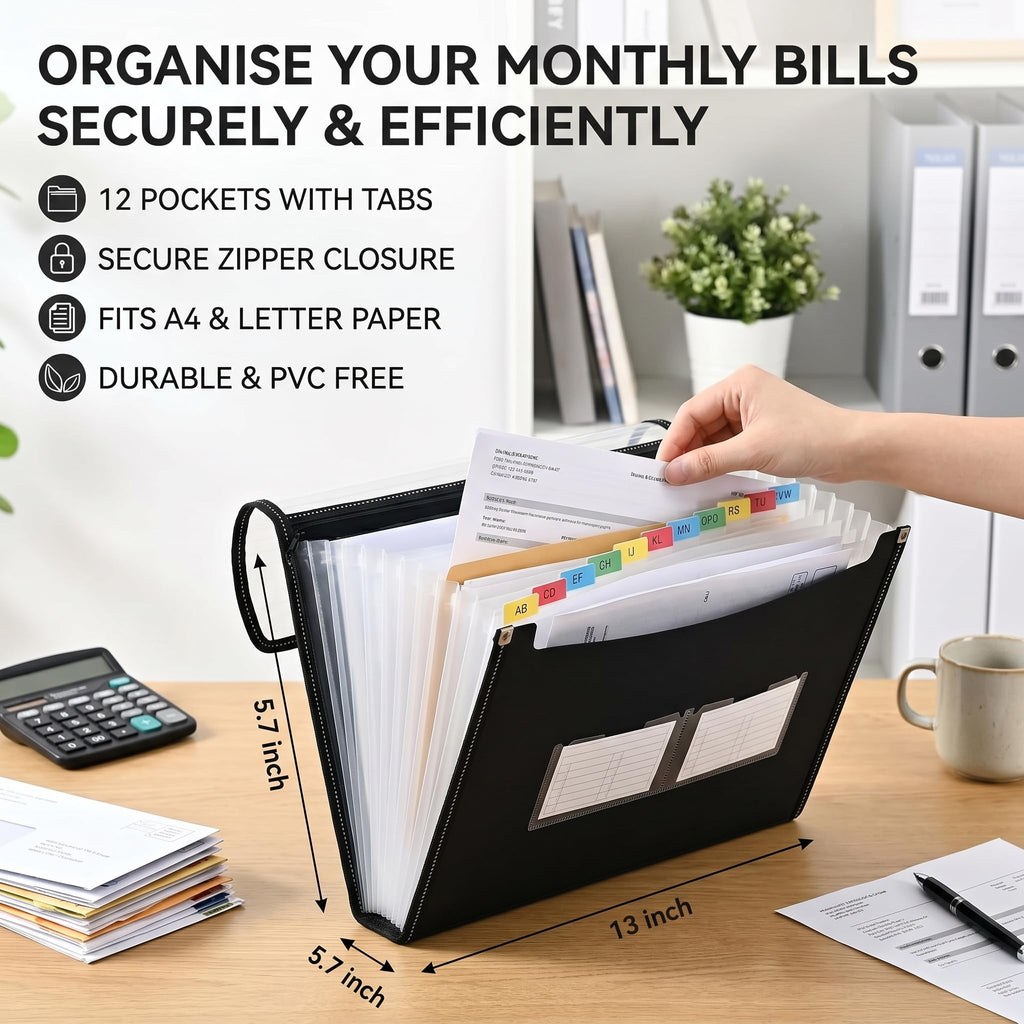 File Organiser Set - 33×24 cm Expanding File Folder with Labels (Black)