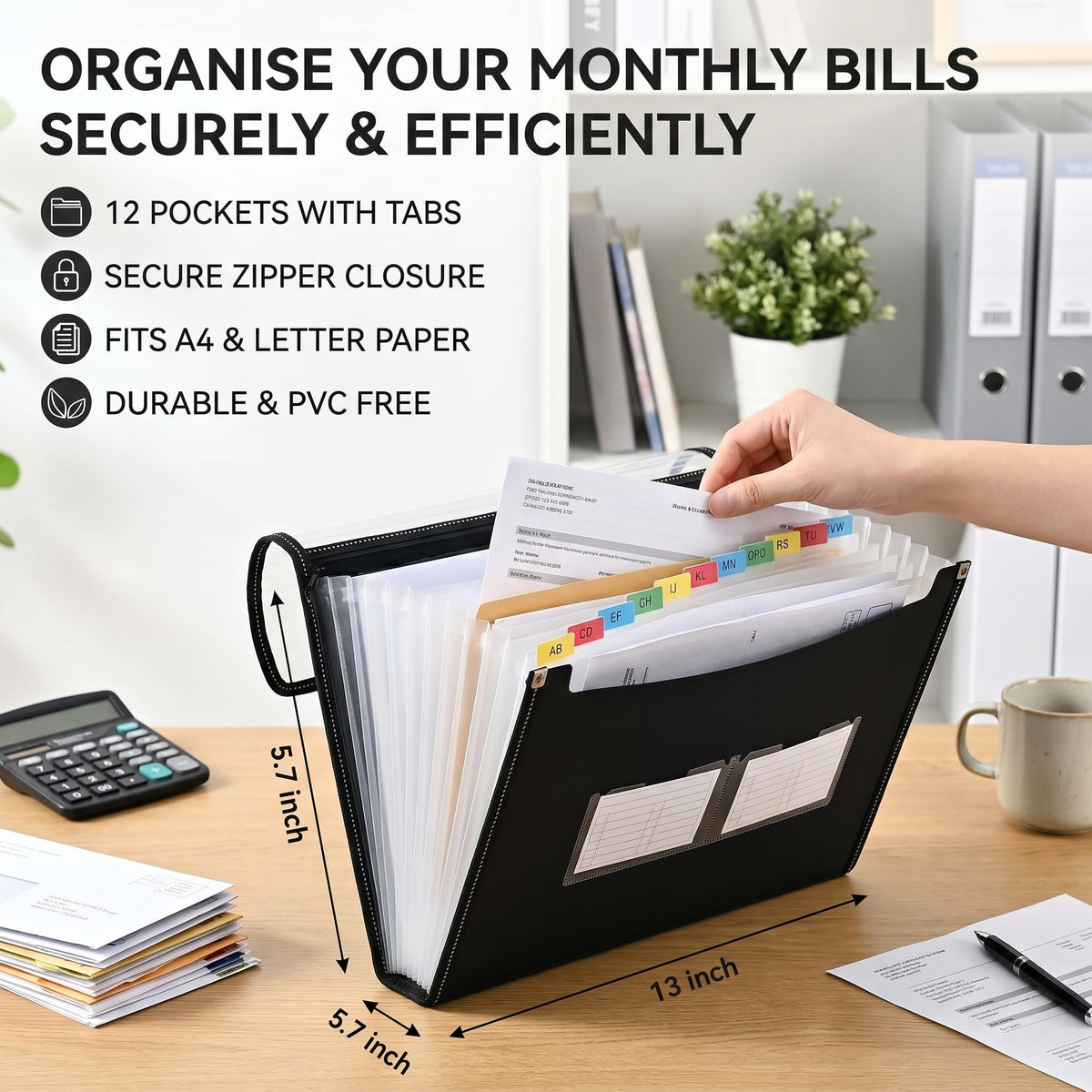 File Organiser Set - 33×24 cm Expanding File Folder with Labels (Black)