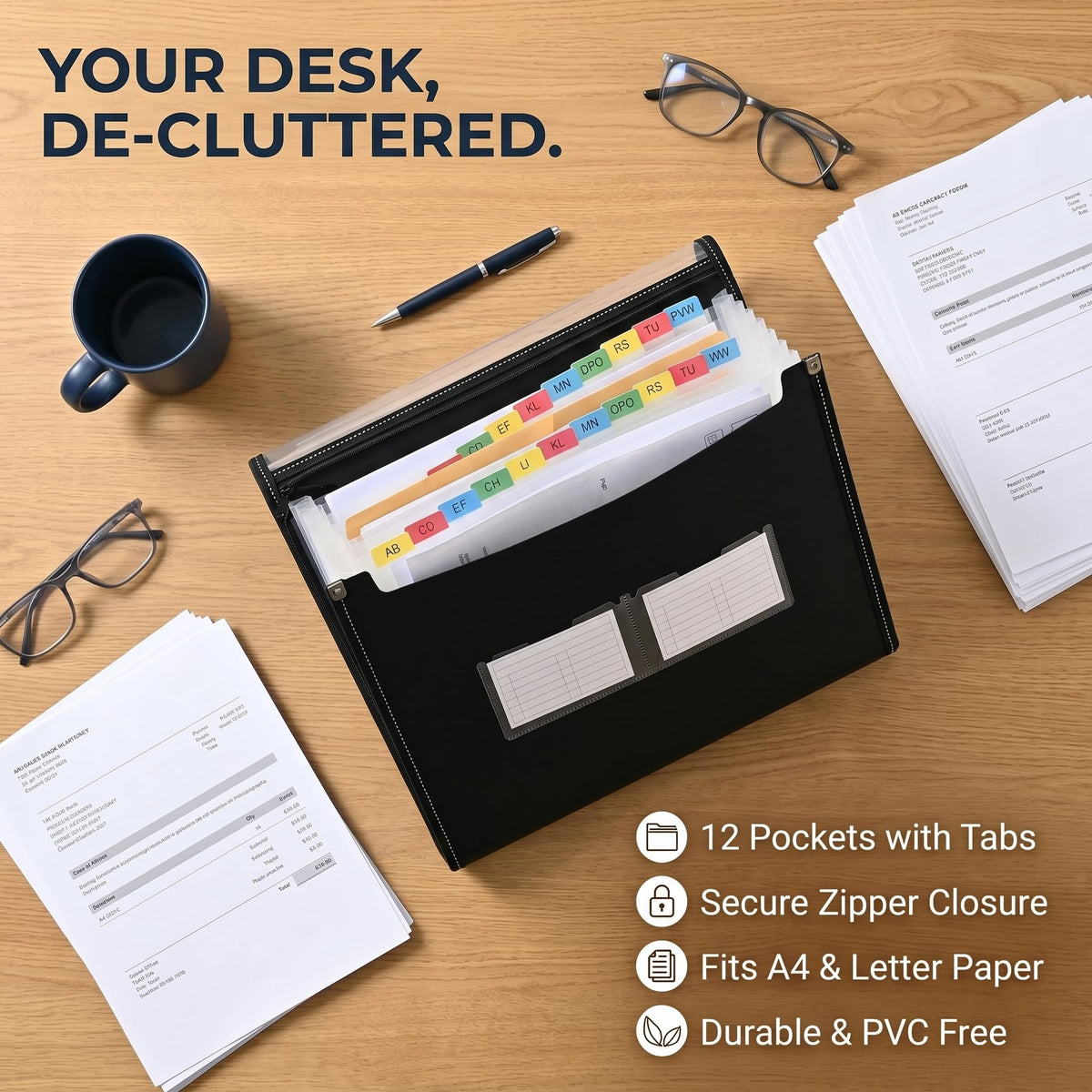 File Organiser Set - 33×24 cm Expanding File Folder with Labels (Black)
