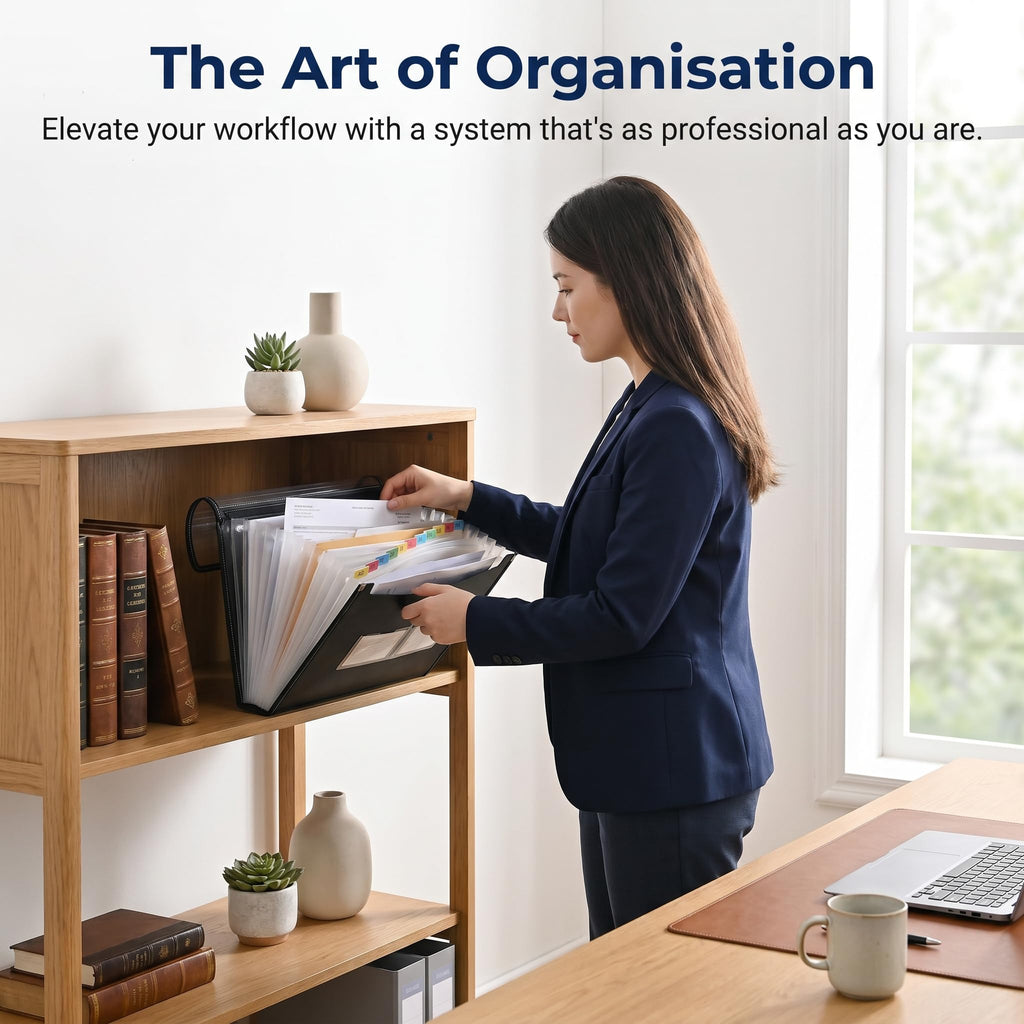 File Organiser Set - 33×24 cm Expanding File Folder with Labels (Black)