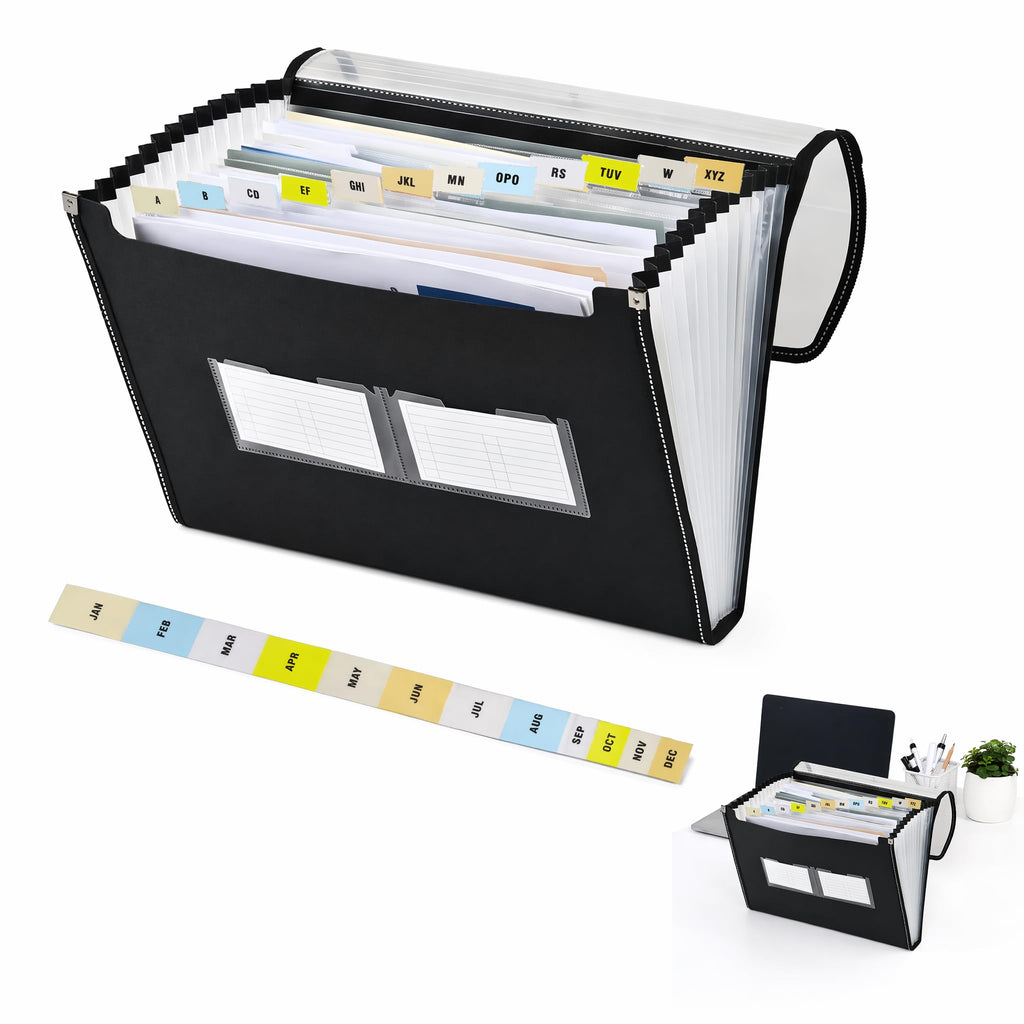 File Organiser Set - 33×24 cm Expanding File Folder with Labels (Black)