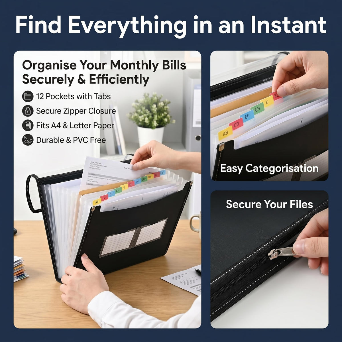 File Organiser Set - 33×24 cm Expanding File Folder with Labels (Black)