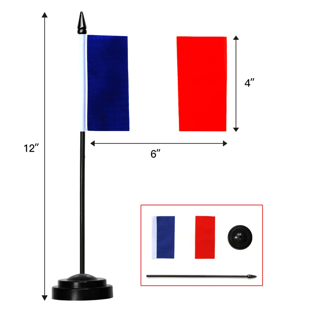 France 6x4 Inch Desk Flag Set with 12" Pole, Black Base