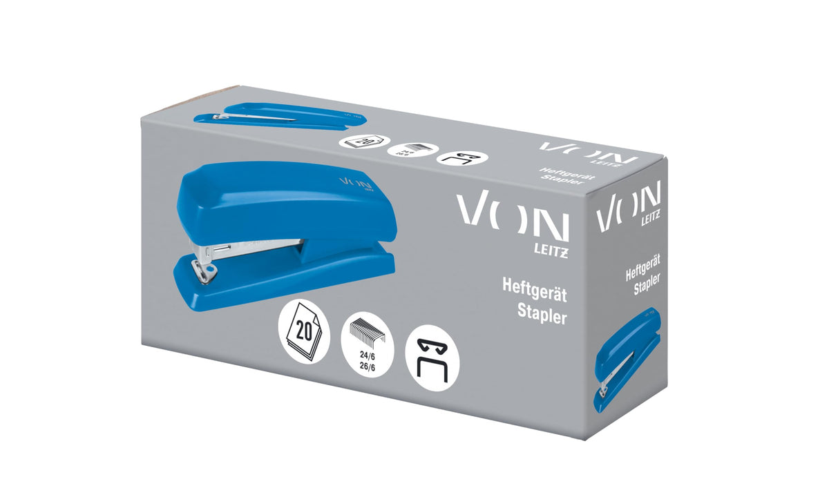 Half-Strip Stapler, Holds 20 Sheets, Compact Blue, Metal Mechanism