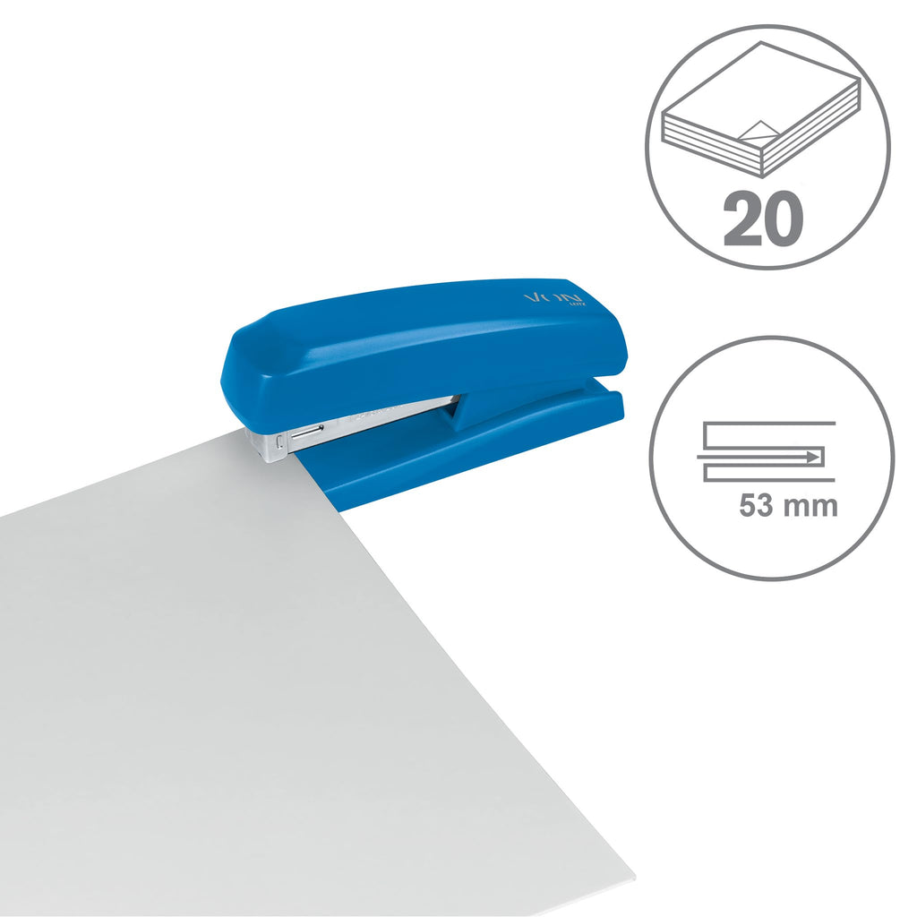 Half-Strip Stapler, Holds 20 Sheets, Compact Blue, Metal Mechanism