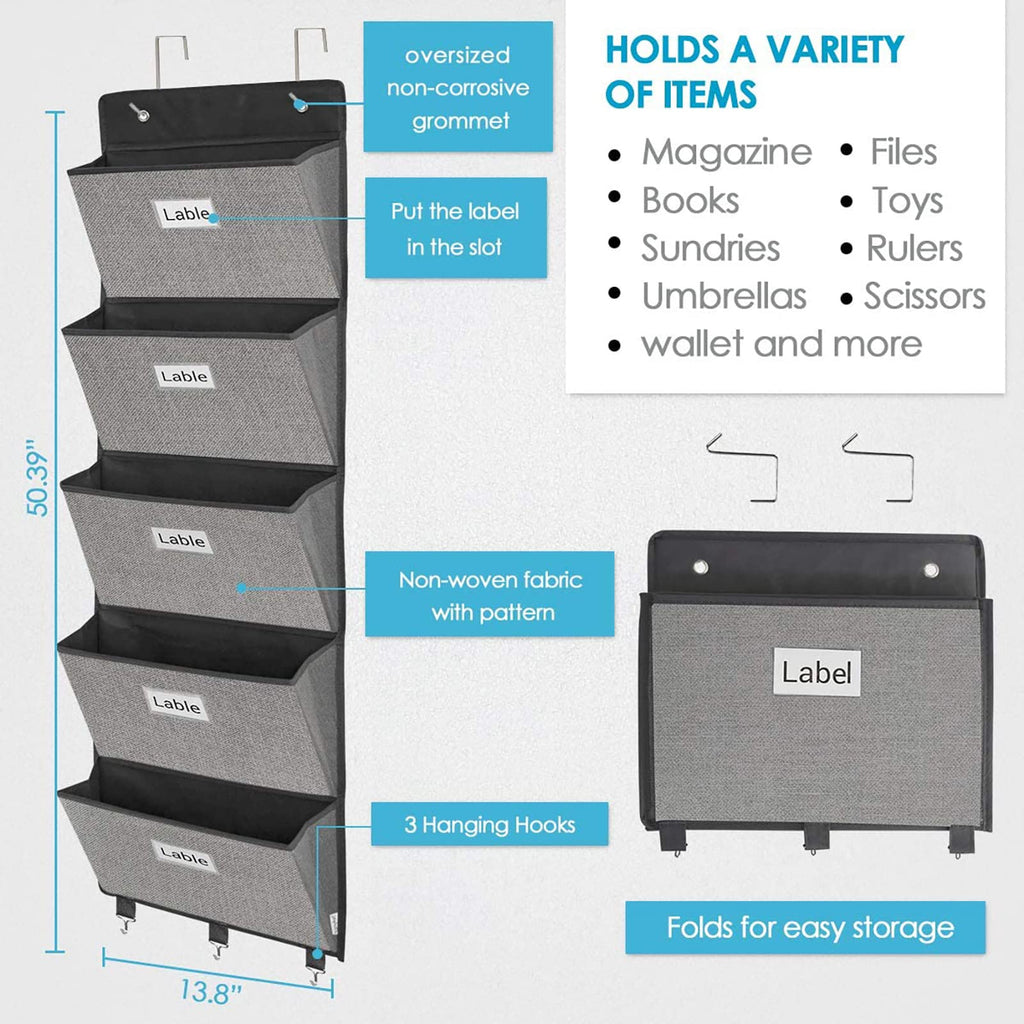 Hanging Wall File Organizer — Over-Door 5-Pocket Magazine & Document Holder (Grey)