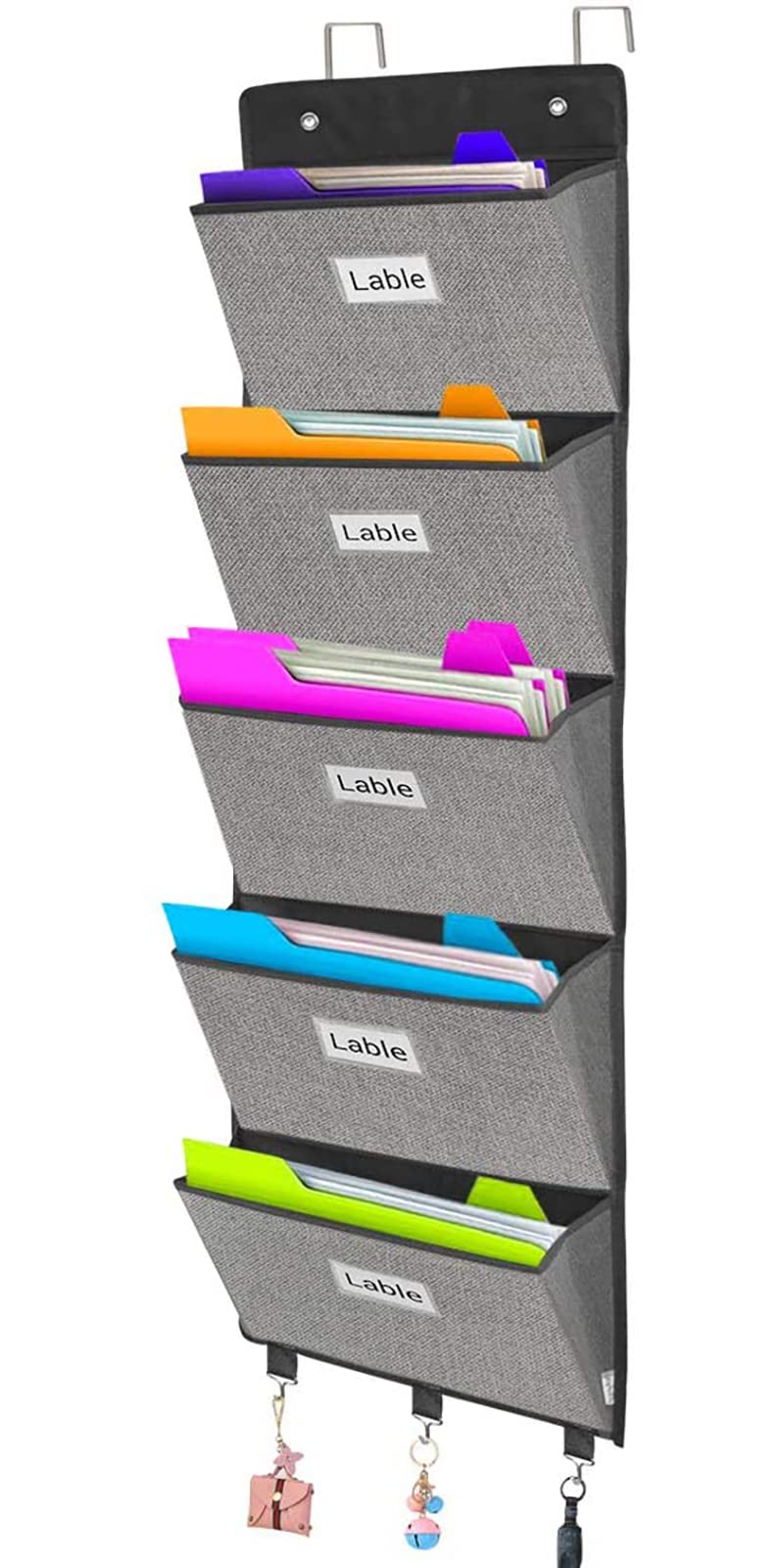 Hanging Wall File Organizer — Over-Door 5-Pocket Magazine & Document Holder (Grey)