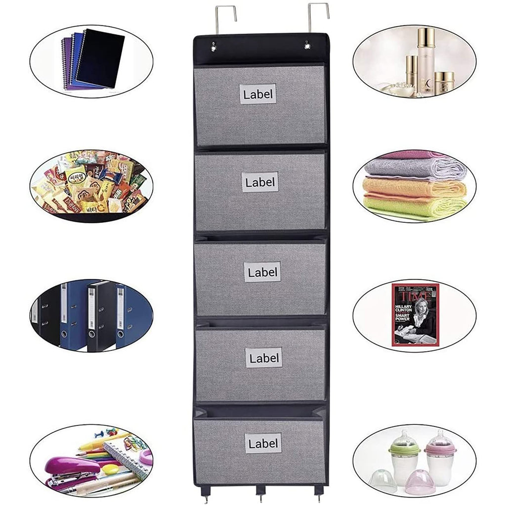 Hanging Wall File Organizer — Over-Door 5-Pocket Magazine & Document Holder (Grey)