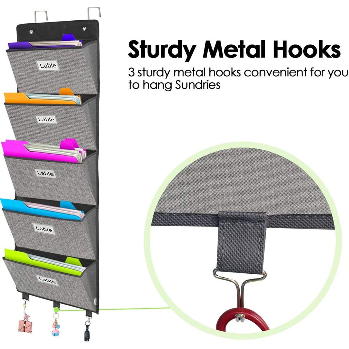 Hanging Wall File Organizer — Over-Door 5-Pocket Magazine & Document Holder (Grey)